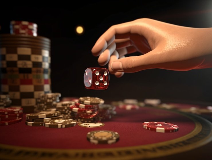Kartu dealer dan pemain ditampilkan di layar Three Card Poker dengan hasil pembayaran